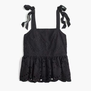 NWT J.Crew Tie Shoulder Eyelet Peplum Black Top 10